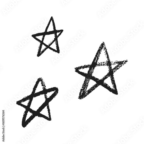 A simple set of three hand-drawn stars, created with a charcoal or crayon texture for a rough, sketchy effect. Isolated graphic elements.