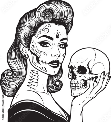 vintage halloween beauty with spooky jack-o-lantern art black vector