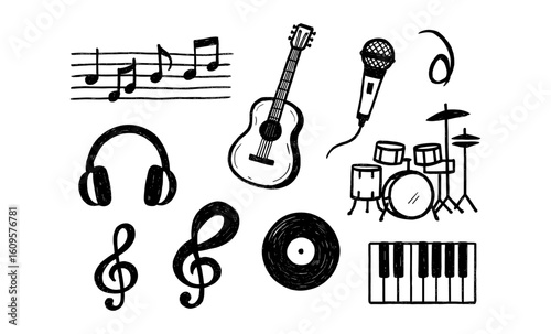Hand drawn music elements with instruments and notes for creative designs