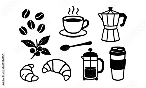 Minimalist coffee icons set featuring beans, cups, and utensils for cafe decor