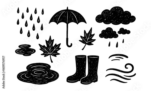 Hand drawn autumn rainy day elements with umbrella and boots