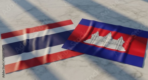 Flags of Thailand and Cambodia side-by-side on a marble surface representing cooperation and