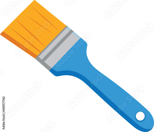 This simple, colorful illustration depicts a paintbrush with an orange bristle head and a bright blue handle.