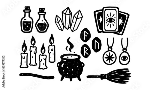 Mystical witchcraft doodles: potions, crystals, runes, tarot, and more