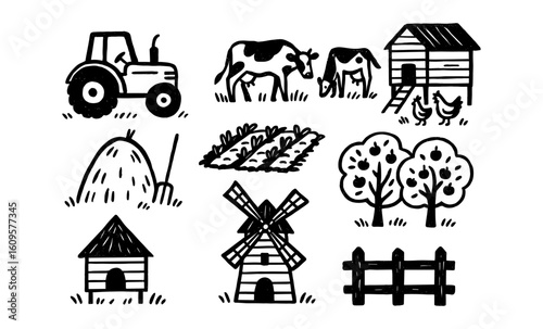 Rustic farm elements with barn, windmill, and harvest in vintage style