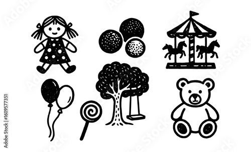 Whimsical hand-drawn toy and carnival icons for kids