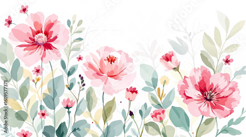 Wallpaper Mural Pink pions watercolor flowers background for design. Floral border frame card template.	 Torontodigital.ca