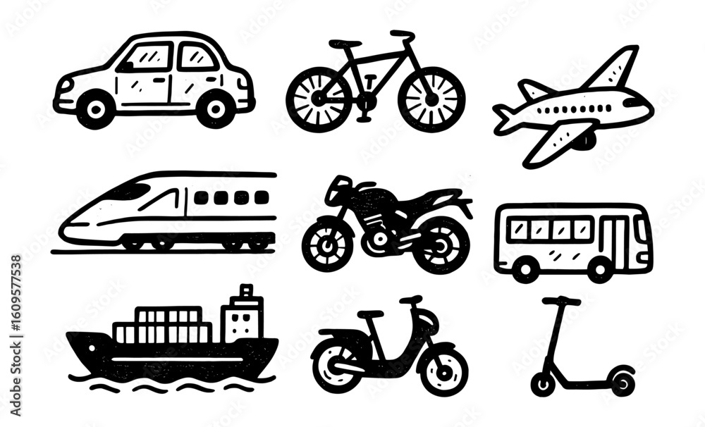 Fototapeta premium Hand drawn transport icons: car, bicycle, airplane, train, motorcycle, bus, ship, scooter