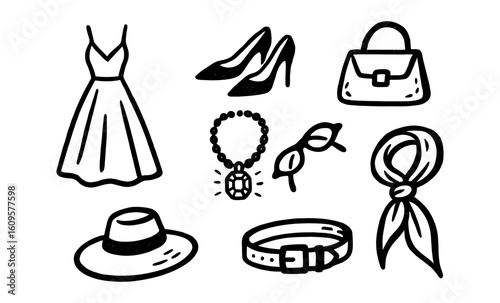Chic fashion accessories collection: dress, heels, bag, necklace, sunglasses, scarf, hat, belt