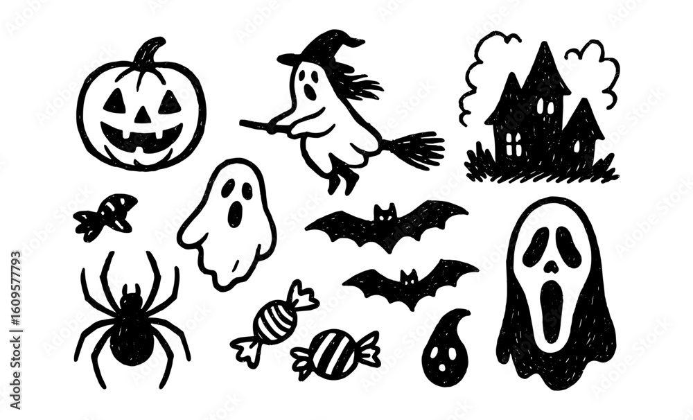 Obraz premium Spooky halloween doodles: ghosts, witch, and haunted house in black and white