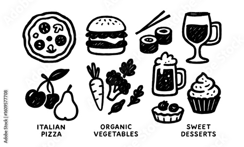 Hand drawn food icons: pizza, sushi, and more culinary delights for restaurant menus