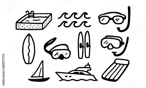 Hand-drawn beach recreation outline: yacht, snorkeling, surfing, and pool fun