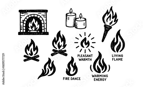 Cozy fire and candle doodles for warmth and energy concepts