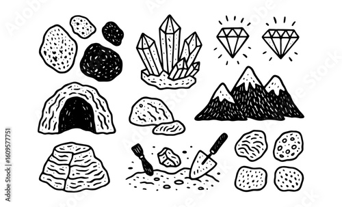 Hand-drawn elements featuring minerals and geological symbols