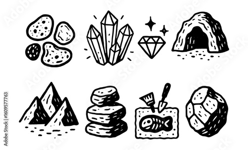 Hand-drawn archaeology elements: stones, gems, and artifacts in monochrome design
