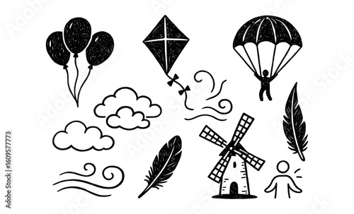 Hand-drawn sketches: balloons, kite, parachute, clouds, windmill, and feathers