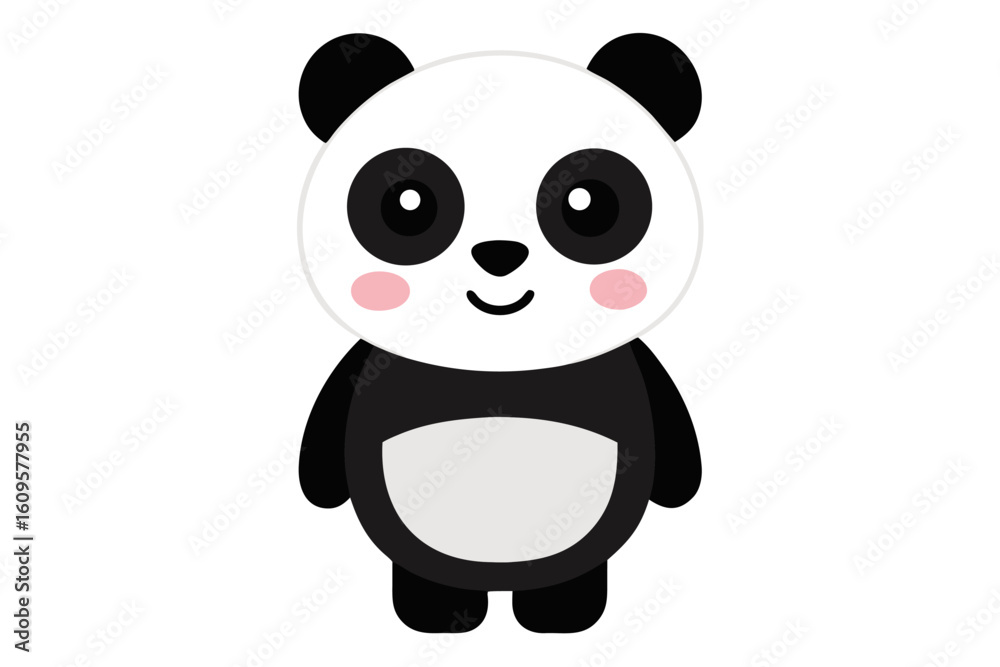 Naklejka premium Adorable cartoon illustration of a standing panda with big round eyes, blushing cheeks, and a happy smile, set against a soft pastel background.