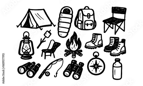Hand-drawn camping essentials: outdoor adventure and exploration gear collection