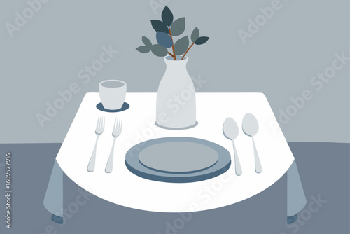 Dining room interior with luxurious table setting, complete with elegant plates, cutlery, and decorative glass cups, perfect for a home restaurant experience