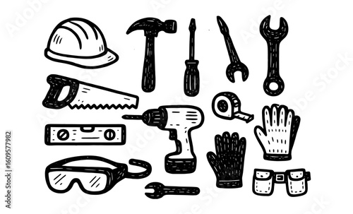 Hand drawn construction tools collection in black and white