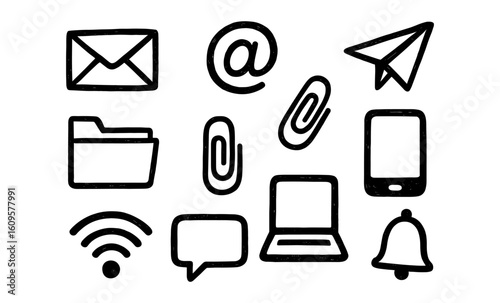 Hand drawn communication icons set featuring email, chat, and technology symbols