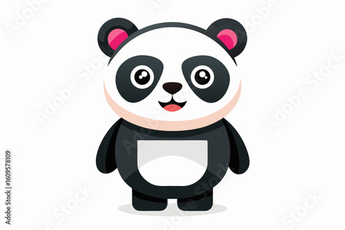 Adorable cartoon illustration of a standing panda with big round eyes, blushing cheeks, and a happy smile, set against a soft pastel background.