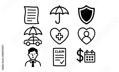 Hand drawn insurance and protection icons set for business applications