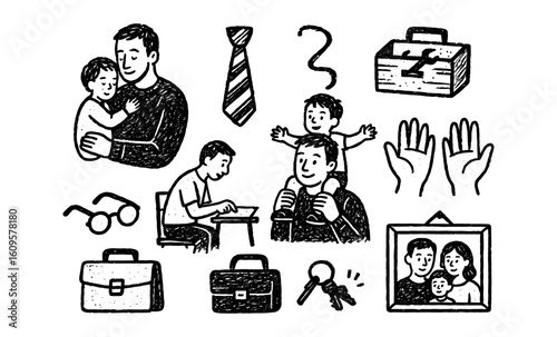 Hand drawn fatherhood icons with family and work life elements