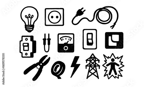 Hand drawn electrical icons: light bulb, power socket, meter, and safety symbols