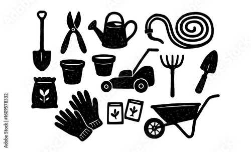Hand drawn gardening tools set on white background