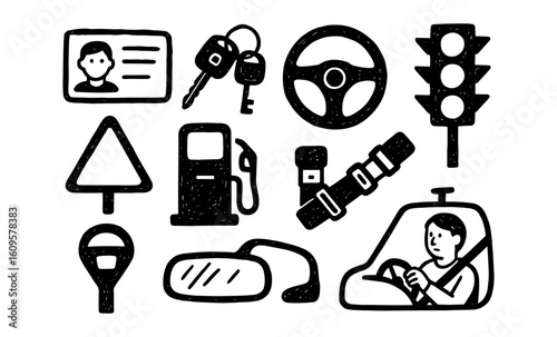Hand drawn driving elements: steering wheel, traffic light, fuel pump, driver id