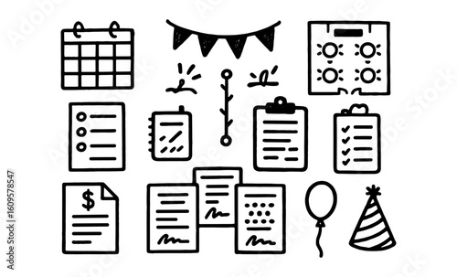 Hand drawn event planning icons with calendars and party decorations