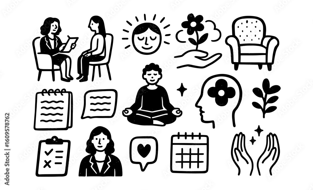 Fototapeta premium Mental health and wellness symbols in simple black and white style
