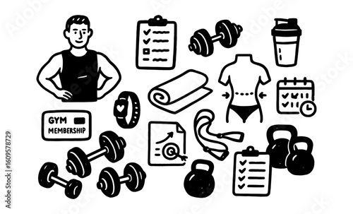 Fitness essentials: black and white icons of workout gear and accessories
