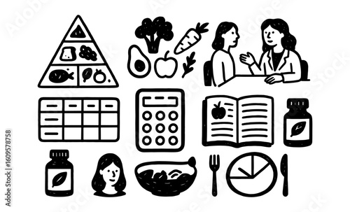 Nutrition guidance and healthy eating icon set with food pyramid and consultation