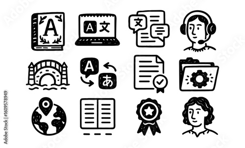Language learning icons with hand drawn textured style for diverse communication tools