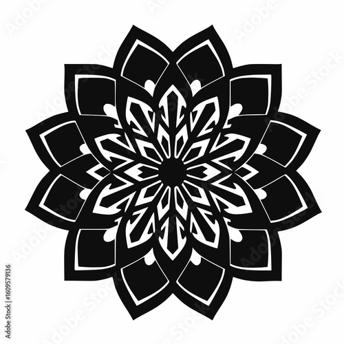 bold black solid mandala with thick lines and sharp petals, placed on clean white background