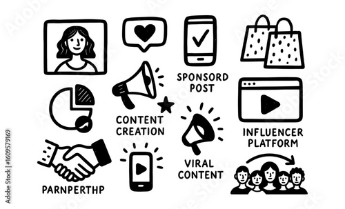 Social media marketing elements in hand-drawn doodle style set