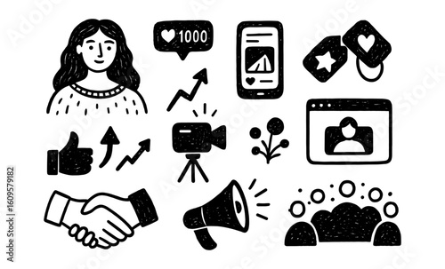 Hand drawn social media icons: communication and engagement elements collection