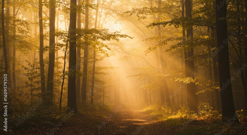 Obraz premium A misty forest path illuminated by golden sunlight