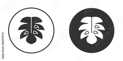 Monstera deliciosa plant leaf icon in trendy flat design versions in black and white.