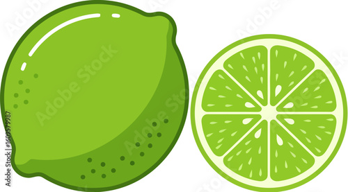 A whole lime and a lime cut in half, showing the segments, displayed against a white background.