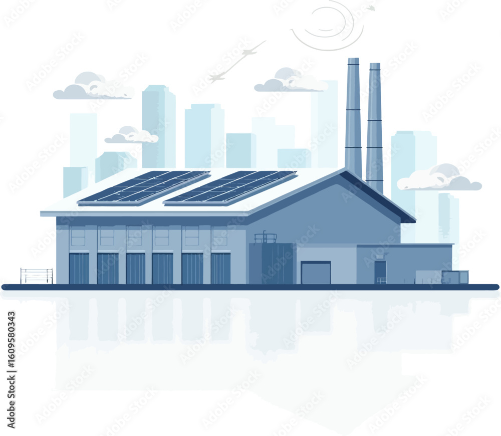 Obraz premium Modern factory building with solar panels, situated in a city skyline, illustrating sustainable industrial design.