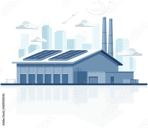 Modern factory building with solar panels, situated in a city skyline, illustrating sustainable industrial design.
