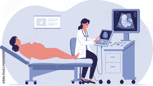 Pregnant woman undergoing ultrasound scan with doctor.