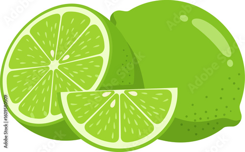 Vibrant illustration showcasing whole and sliced limes, highlighting their juicy, fresh, and citrusy appearance.