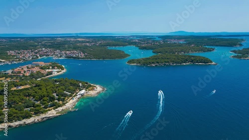 Aerial view of Verudela Peninsula near Pula, Croatia – scenic coastline with Hawaii Beach and Verudela Canyon, turquoise sea and lush pine forest