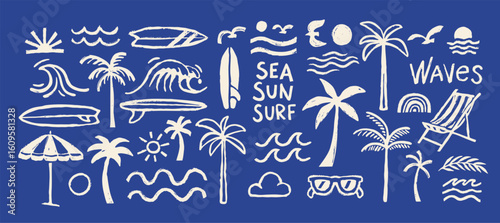 Hand-drawn doodle beach and surf icon vector set with tropical elements like palm trees, waves, surfboards, and sun. Perfect for summer designs, t-shirts, posters, and coastal design.