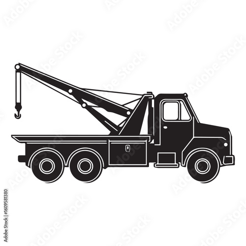  A black and white silhouette illustration of a tow truck with a minimalist, geometric style. 