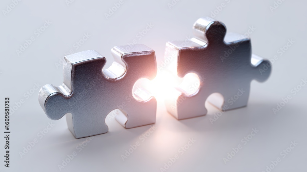Obraz premium A conceptual image of a bridge made of light connecting two abstract puzzle pieces, isolated on a pure white background. Connecting ideas, problem-solving bridge.